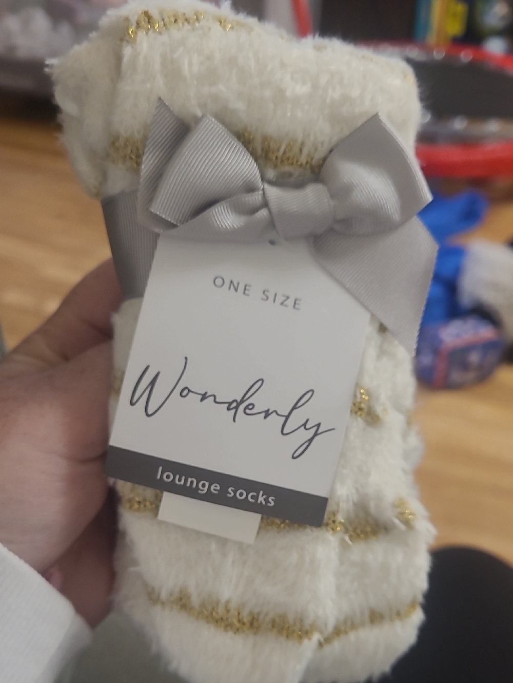 Wonderly Cream and Gold Fuzzy Lounge Socks with Gray Bow